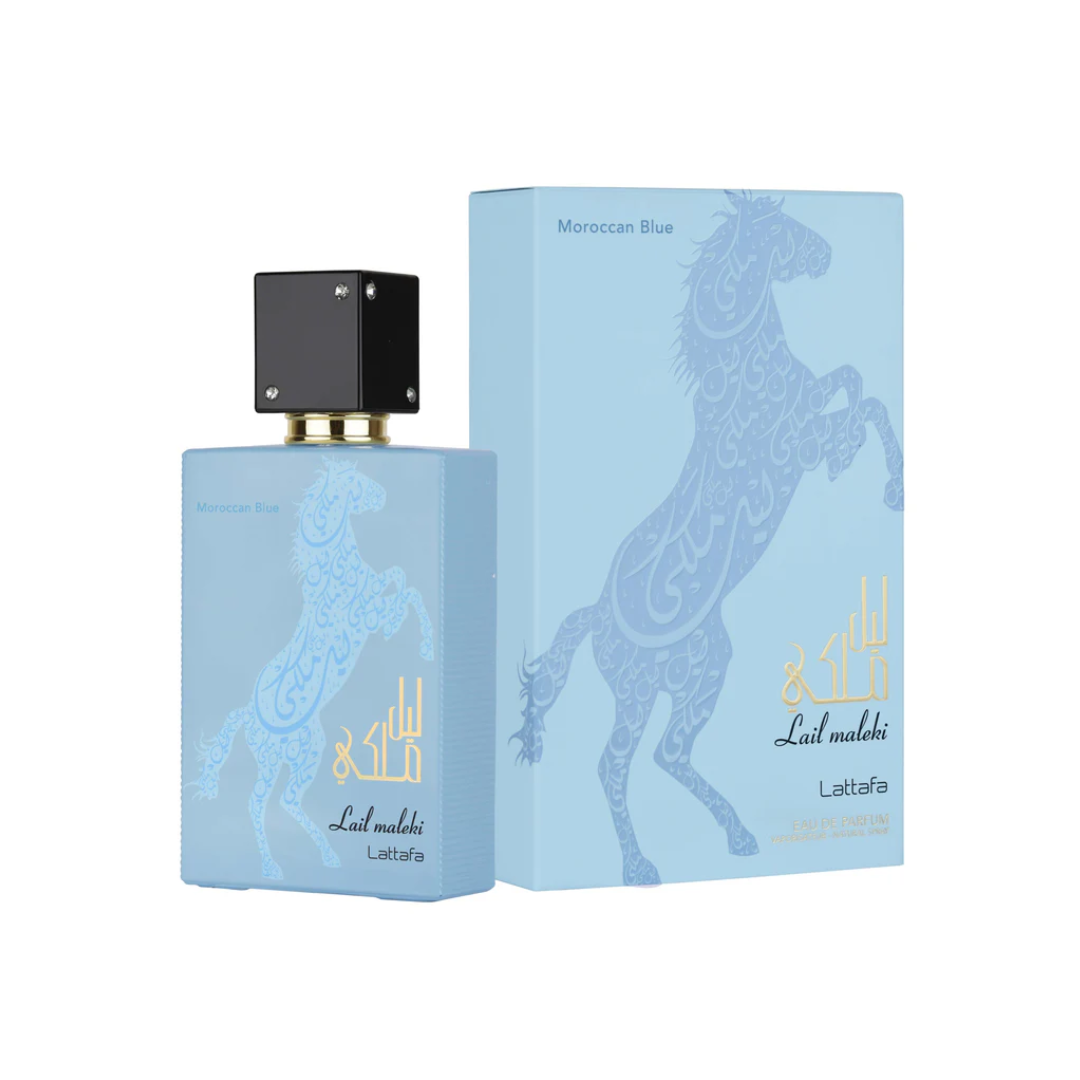 Lattafa Lail Maleki Moroccan Blue 100ml Eau de Parfum unisex fragrance bottle with light blue glass and black cap, displayed alongside its matching blue box with horse design