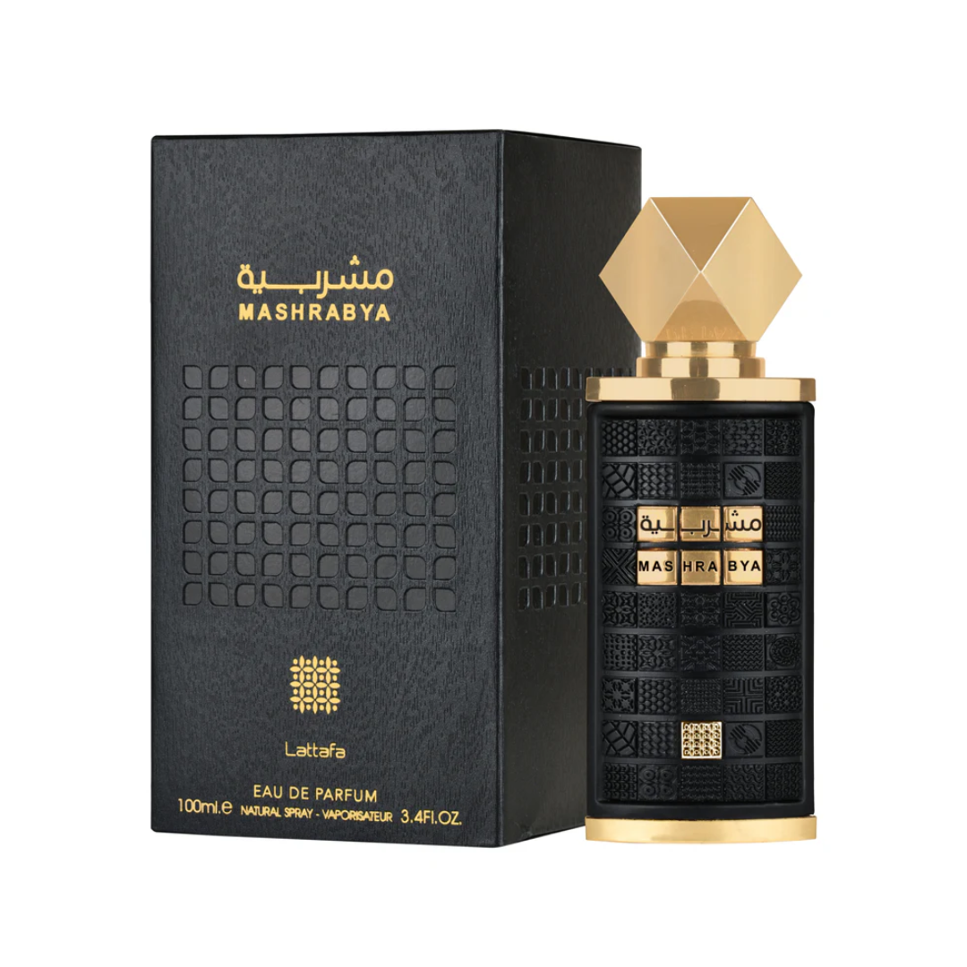 Lattafa Mashrabya 100ml Eau de Parfum unisex fragrance featuring an elegant black and gold perfume bottle with geometric cap displayed alongside its matching luxurious gift box