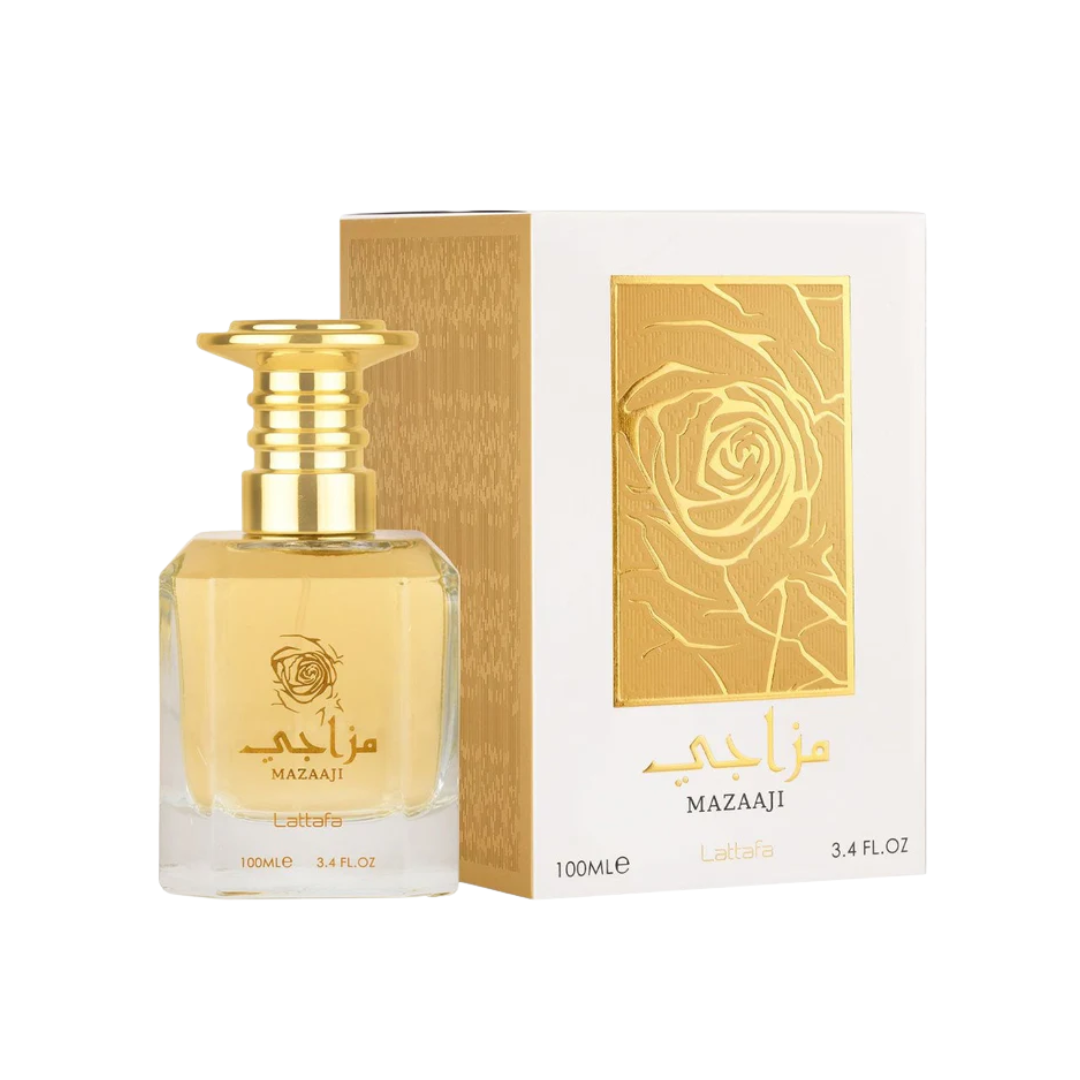 Lattafa Mazaaji 100ml Eau de Parfum for Women featuring an elegant clear glass perfume bottle with gold accents and matching golden rose-patterned box.