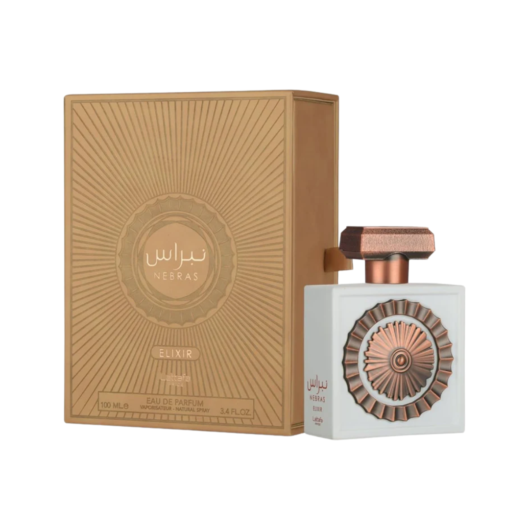Lattafa Nebras Elixir 100ml Eau de Parfum unisex gourmand fragrance bottle with square glass design and bronze accents displayed alongside its matching gold luxury box