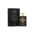 Black and gold Al Qiam perfume bottle and packaging on a white background