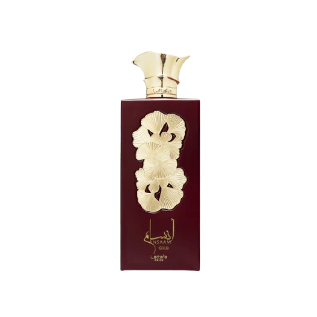 Ansaam Gold by Lattafa Pride 100ml EDP bottle displayed beside its premium red presentation box