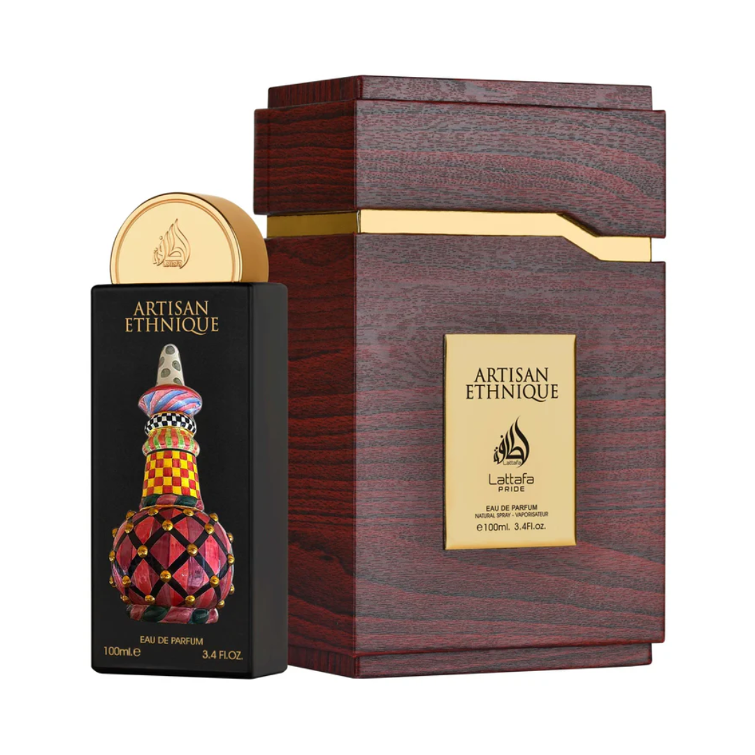 Lattafa Pride Artisan Ethnique Eau de Parfum 100ml bottle and wooden gift box
