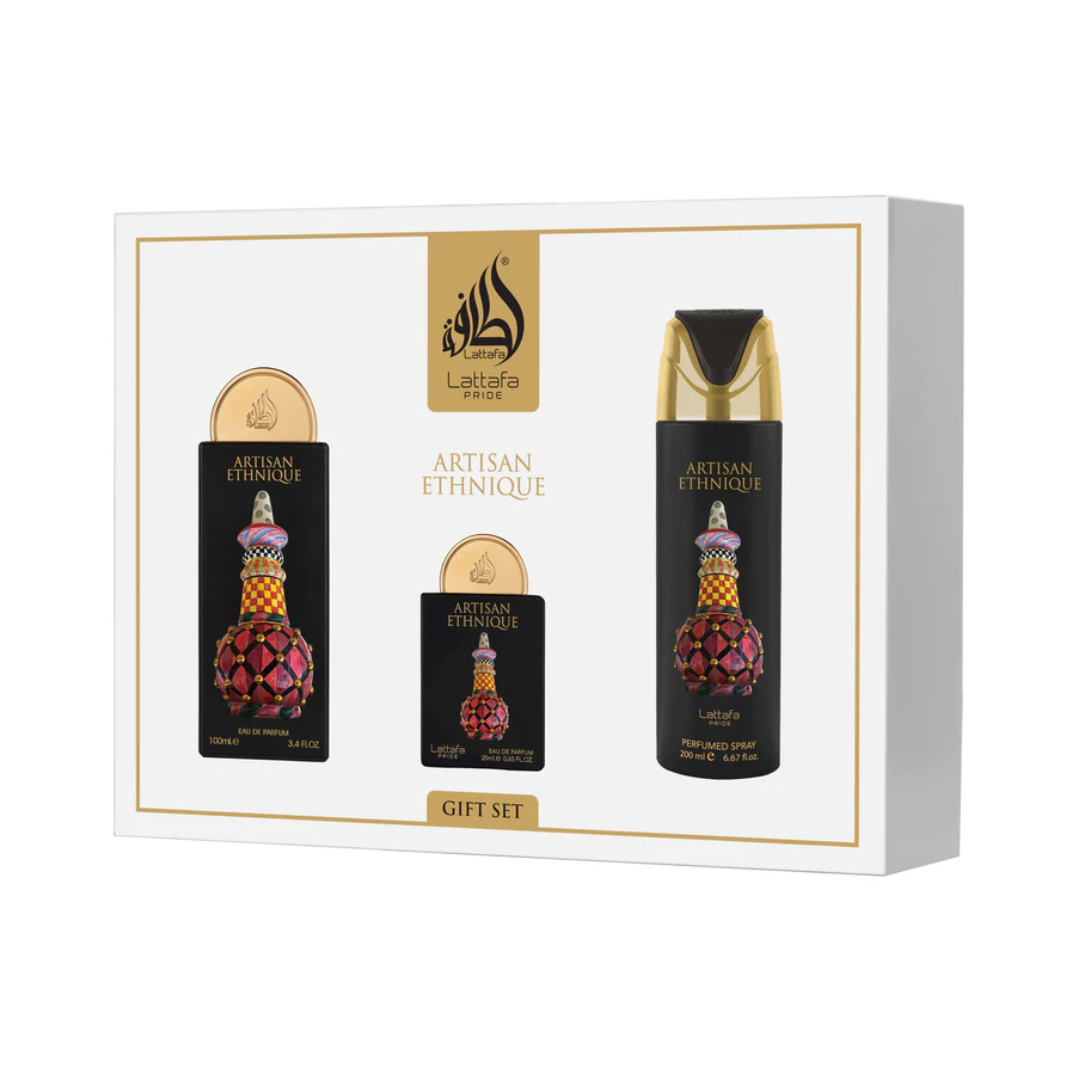 Lattafa Pride Artisan Ethnique Gift Set perfume bottle and packaging