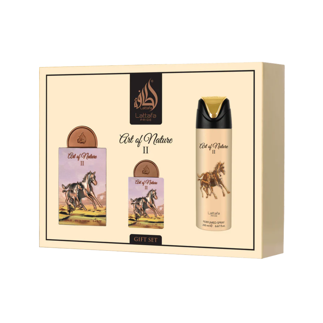 Lattafa Pride Art of Nature II 3pc unisex Eau de Parfum gift set with elegant boxed packaging featuring the perfume bottle and matching scented body care items displayed together