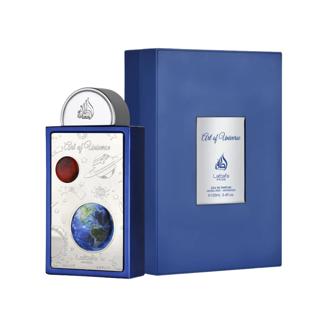 Lattafa Pride Art of Universe 100ml Eau de Parfum unisex fragrance bottle with artistic label design and matching blue luxury box packaging displayed together