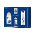 Lattafa Pride Art of Universe 3pc unisex Eau de Parfum gift set featuring the 100ml perfume bottle, matching travel spray, and deodorant presented in a blue luxury gift box