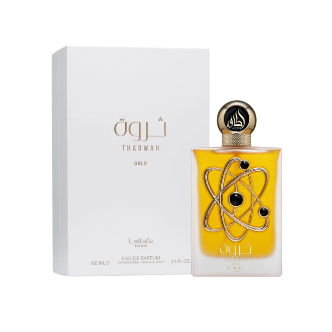 Lattafa Pride Tharwah Gold 100ml EDP with luxurious bottle and packaging design.