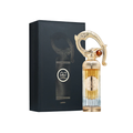 Lattafa Sehr 100ml Eau de Parfum unisex fragrance featuring an ornate gold-accented perfume bottle with unique sculptural design, displayed alongside its matching black luxury box