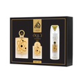 Lattafa Tharwah Gold 3-Piece Set with elegant packaging and bottle design.