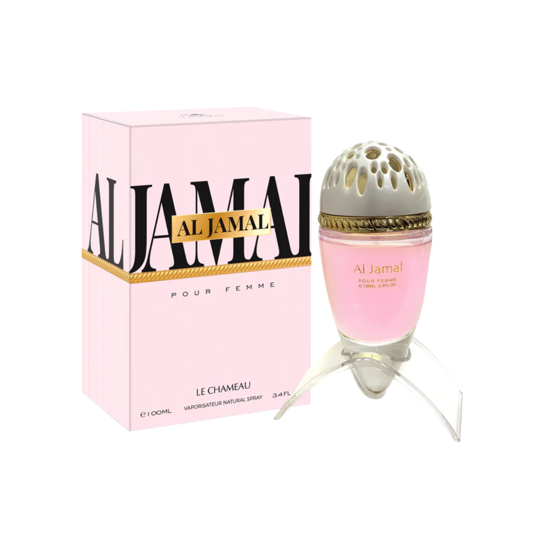 Le Chameau Al Jamal Pour Femme Eau De Parfum 100ml pink bottle with decorative cap displayed beside matching pink fragrance box for women