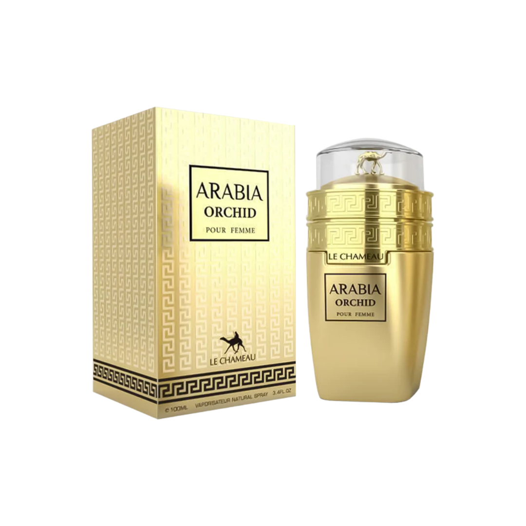 Le Chameau Arabia Orchid 100ml Eau de Parfum women’s fragrance with gold-plated perfume bottle and matching luxury box packaging displayed together