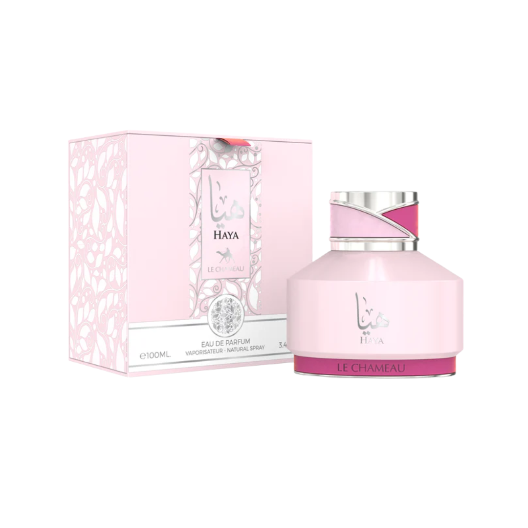 Le Chameau Haya 100ml Eau de Parfum for women featuring a soft pink perfume bottle with silver detailing displayed alongside matching light pink branded box packaging