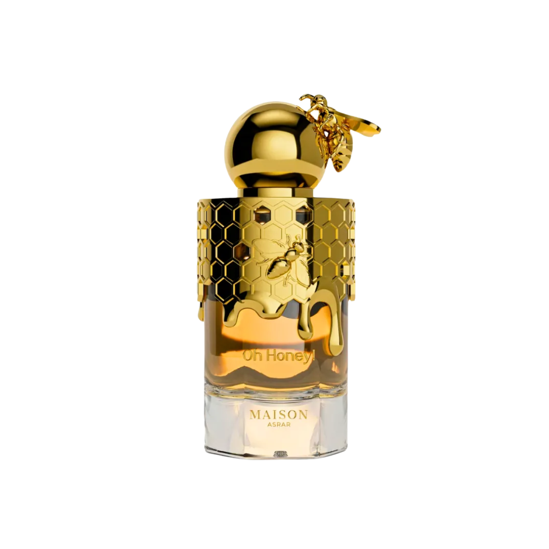 Maison Asrar Oh Honey 100ml Eau de Parfum unisex gourmand fragrance bottle featuring an ornate gold honeycomb-style design with decorative cap displayed on a clean background
