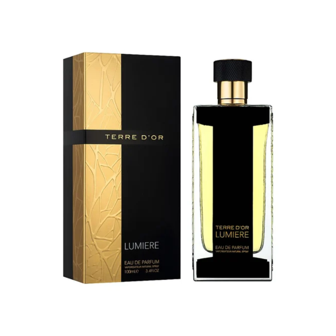 Lumiere Terre D'or 100ml EDP with elegant black and gold packaging.