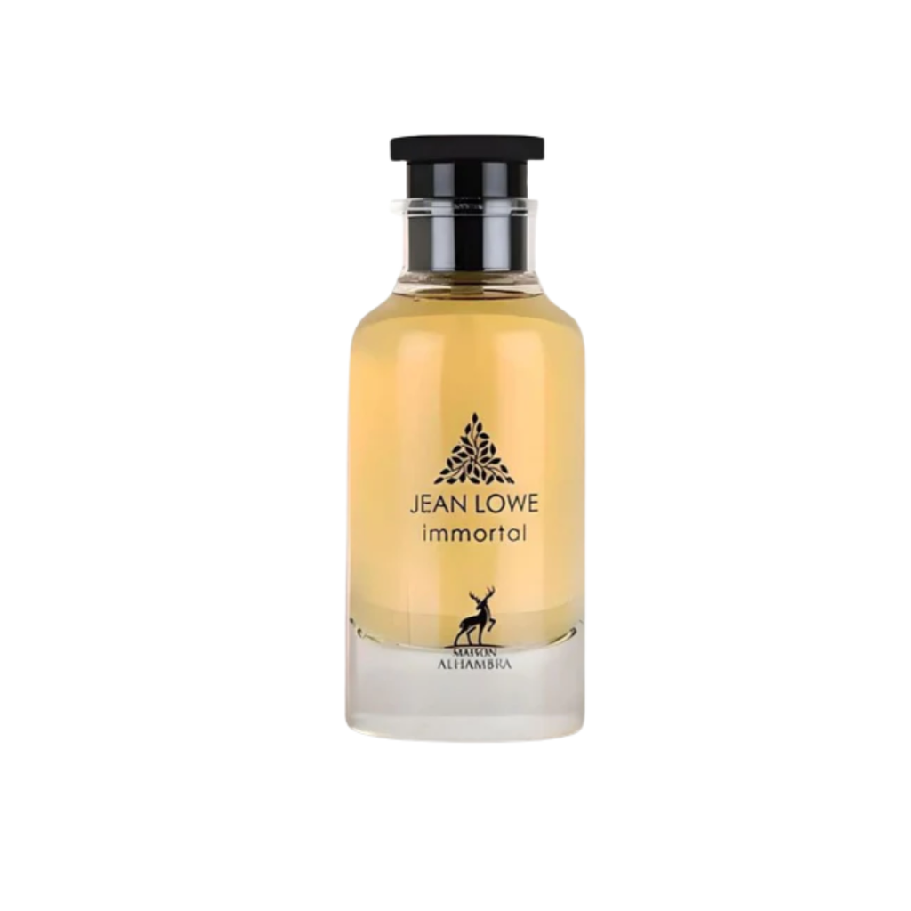 Maison Alhambra Jean Lowe Immortal 100ml Eau de Parfum unisex fragrance bottle with amber-toned glass and black cap on a clean background