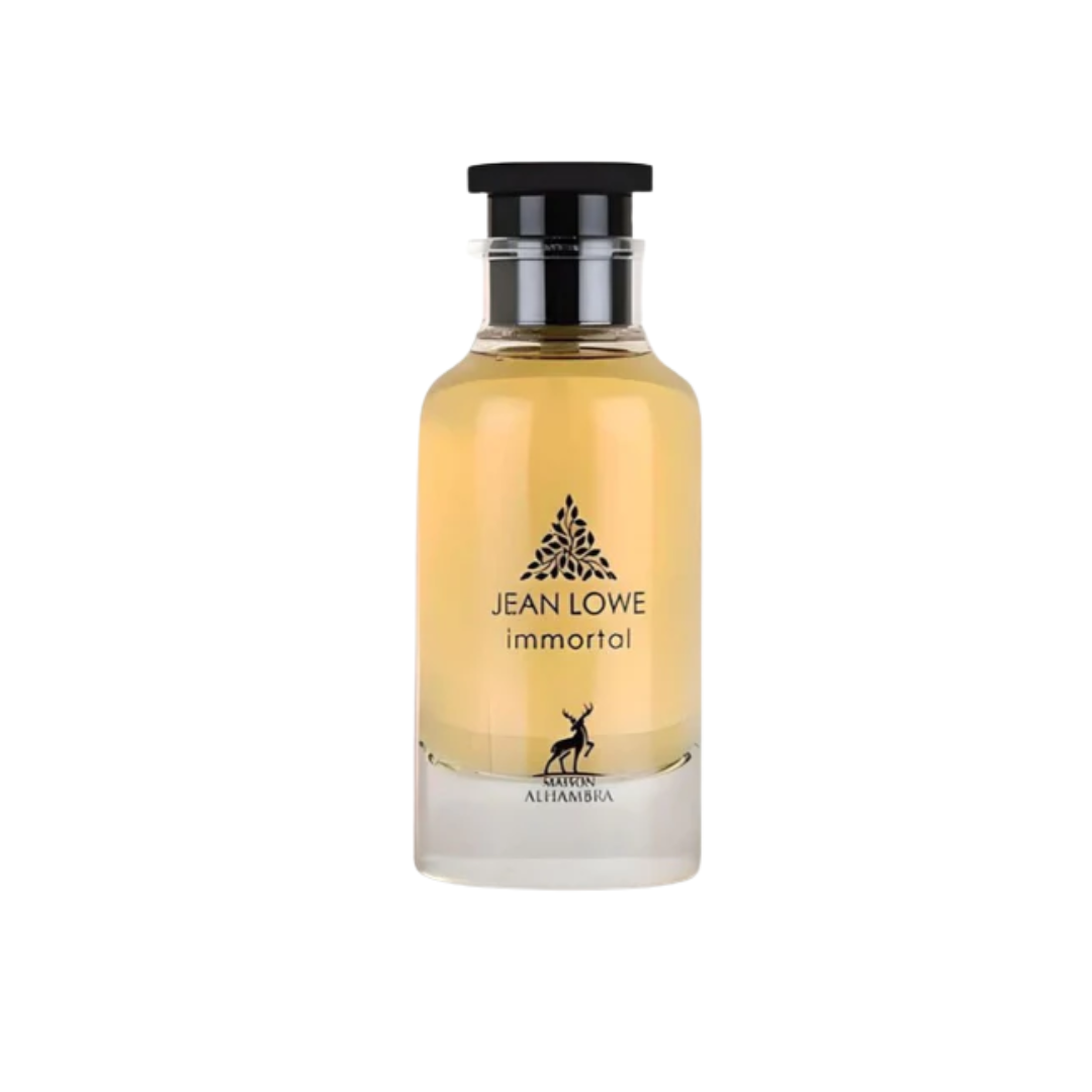 Maison Alhambra Jean Lowe Immortal 100ml Eau de Parfum unisex fragrance bottle with amber-toned glass and black cap on a clean background