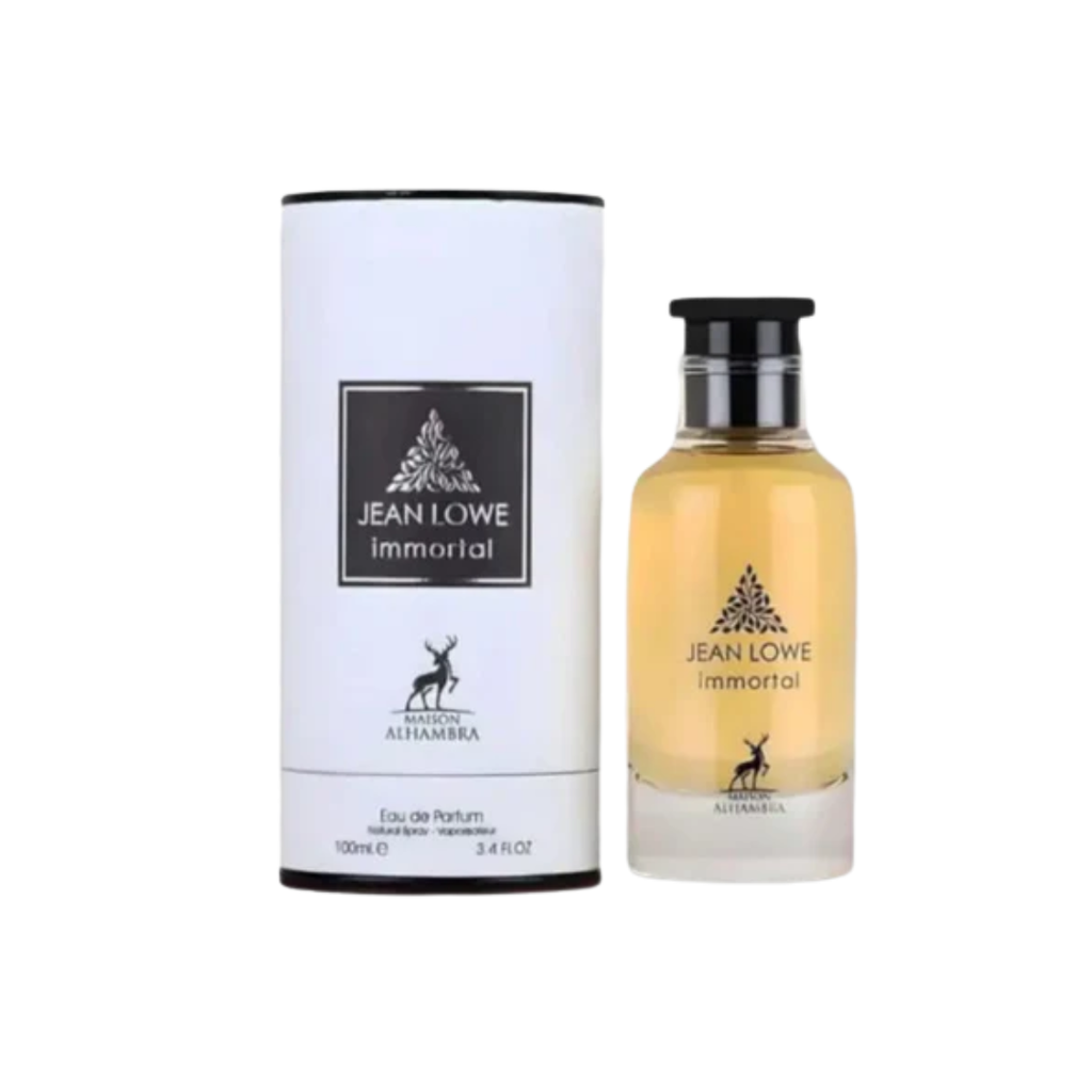 Maison Alhambra Jean Lowe Immortal 100ml Eau de Parfum unisex perfume bottle displayed with its matching branded cylindrical box