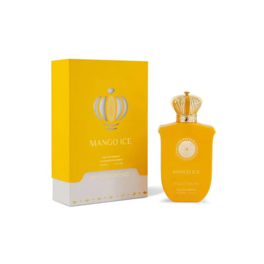 Mango Ice by Gulf Orchid 100ml Eau de Parfum fresh fruity fragrance featuring a bright yellow perfume bottle with gold cap displayed alongside its matching yellow branded box