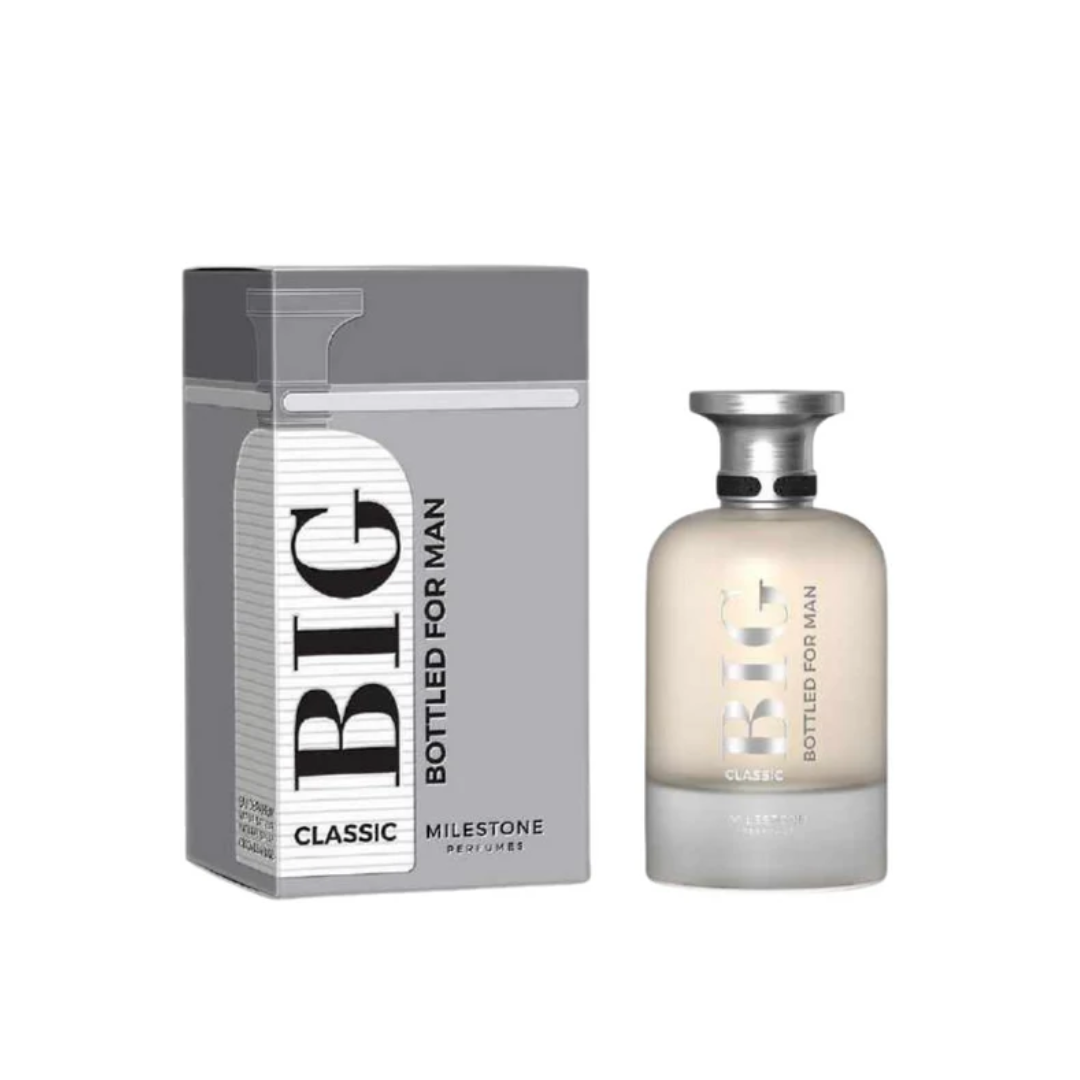 Milestone Big Bottled Classic 100ml with box, showcasing a sleek bottle design for a woody spicy fragrance with apple, vanilla, and sandalwood.