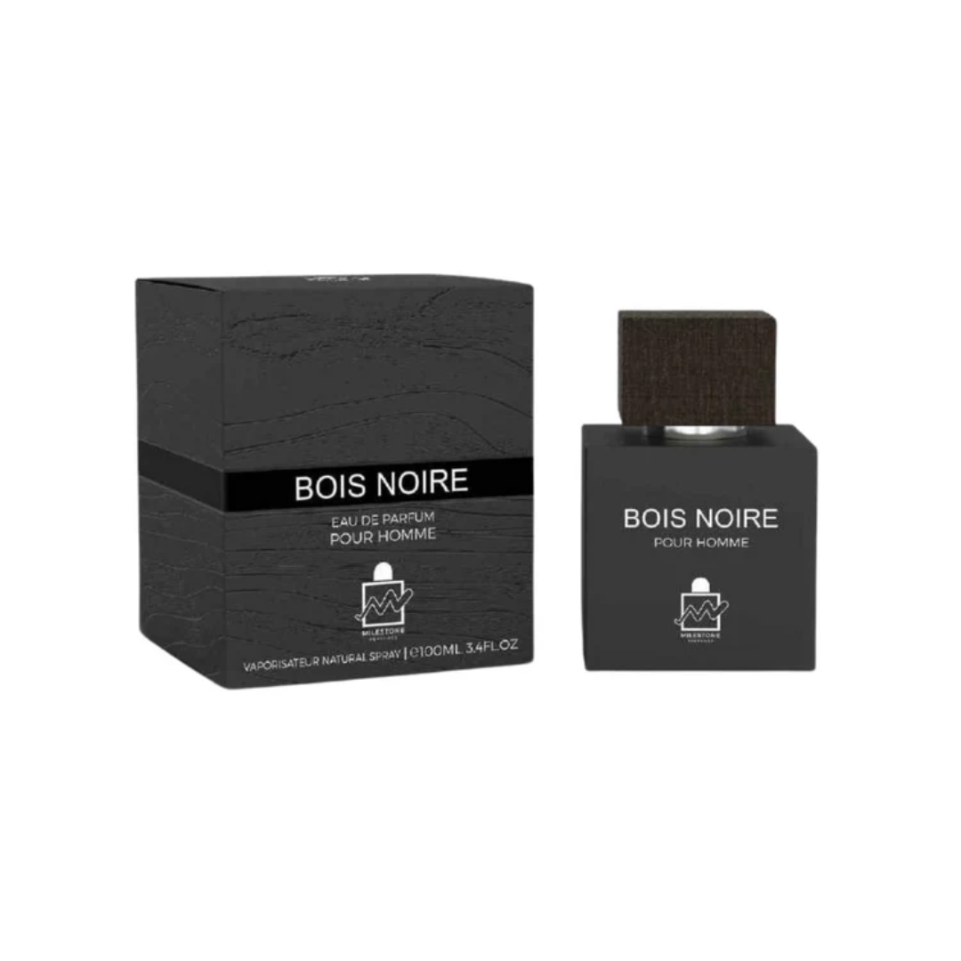 Milestone Bois Noire 100ml with box, showcasing a sleek black bottle design for a long-lasting, refined men's fragrance with sandalwood, cedar, and amber.