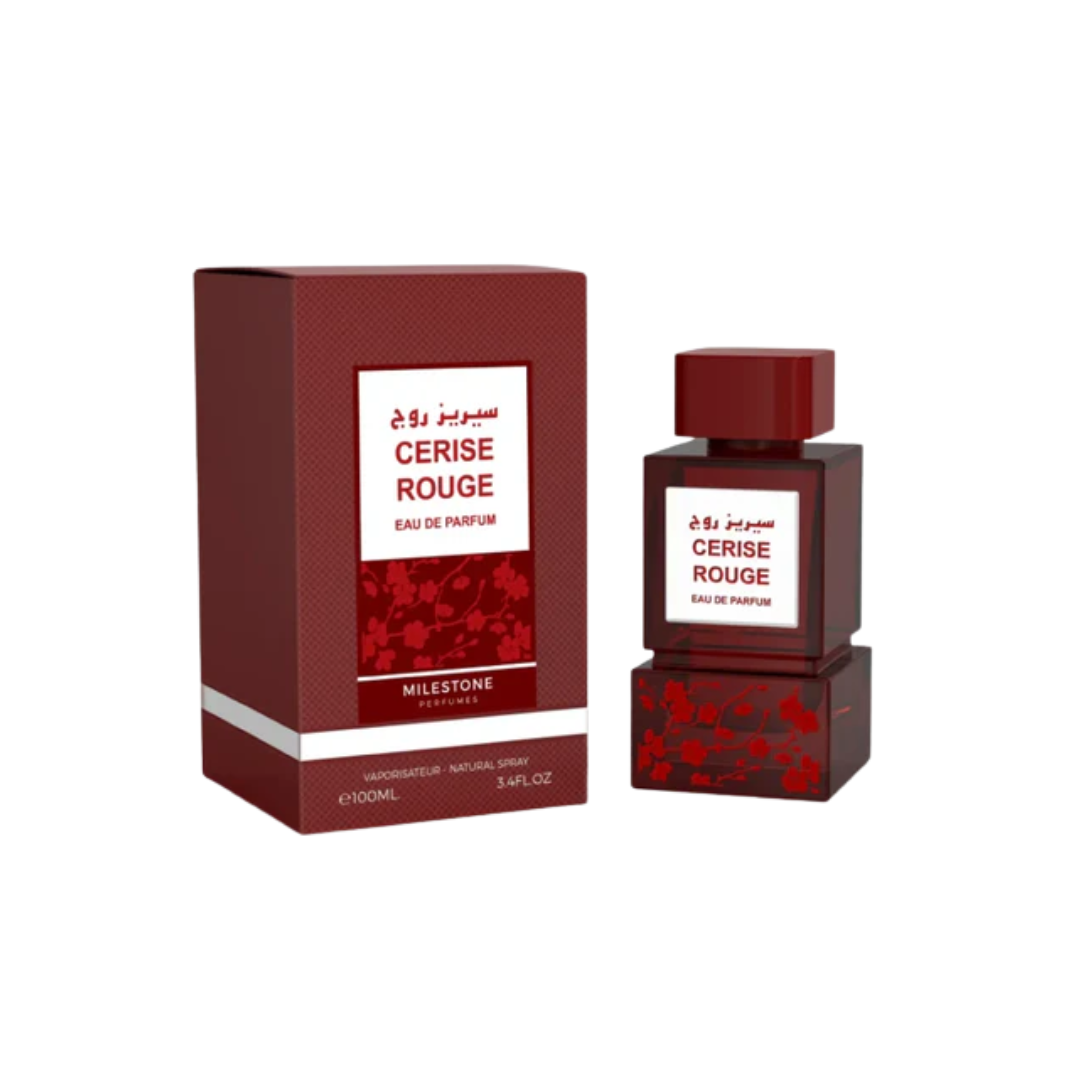 Milestone Cerise Rouge 100ml bottle with cherry, plum, and vanilla notes, offering a bold and long-lasting unisex fragrance.