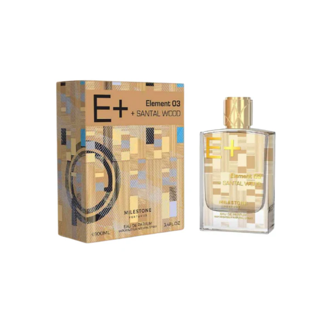 Milestone Element 03 + Santal Wood Eau de Parfum 100ml with a sleek glass bottle and colorful, modern packaging design.