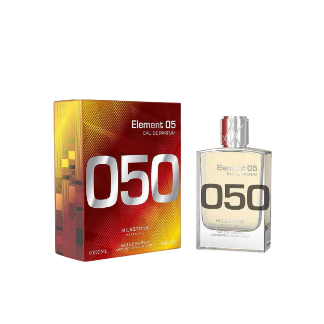 Milestone Element 050 100ml Eau de Parfum unisex fragrance featuring a clear rectangular bottle with bold "050" branding, displayed alongside its vibrant red and yellow box.