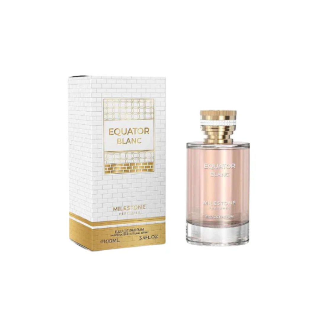 Milestone Equator Blanc Eau de Parfum 100ml in a sleek glass bottle with a gold cap, packaged in a white and gold box with elegant branding.