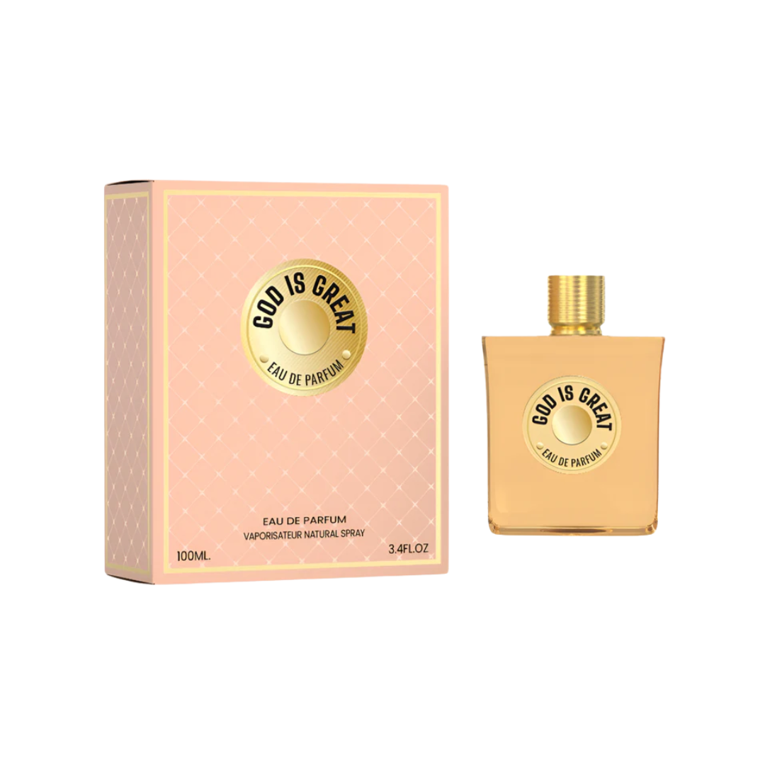 Milestone God is Great 100ml bottle with citrus, floral, and woody notes, offering an elegant and long-lasting unisex fragrance.