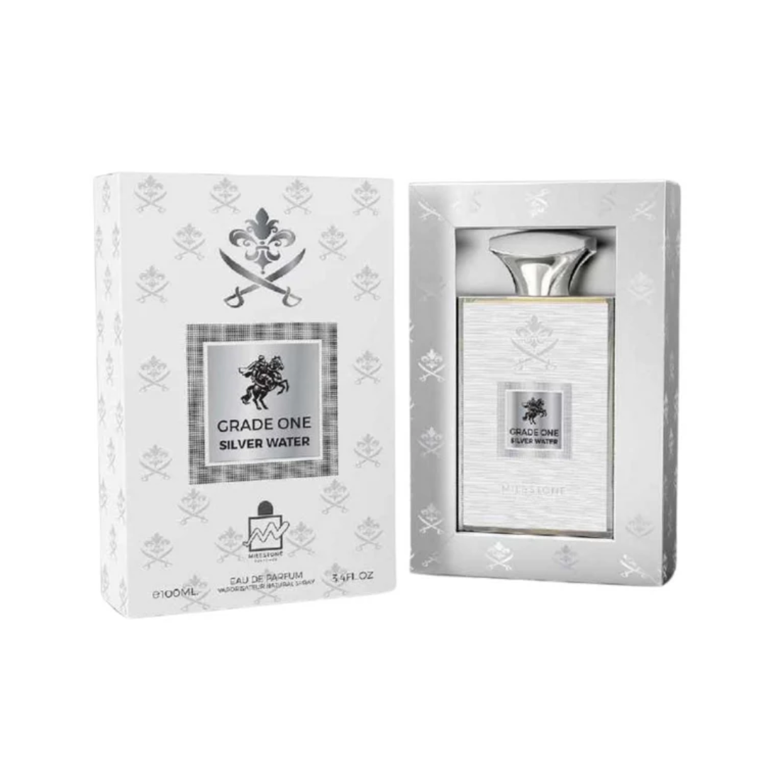 Bottle of Milestone Grade One Silver Water Eau De Parfum 100ml fresh unisex fragrance