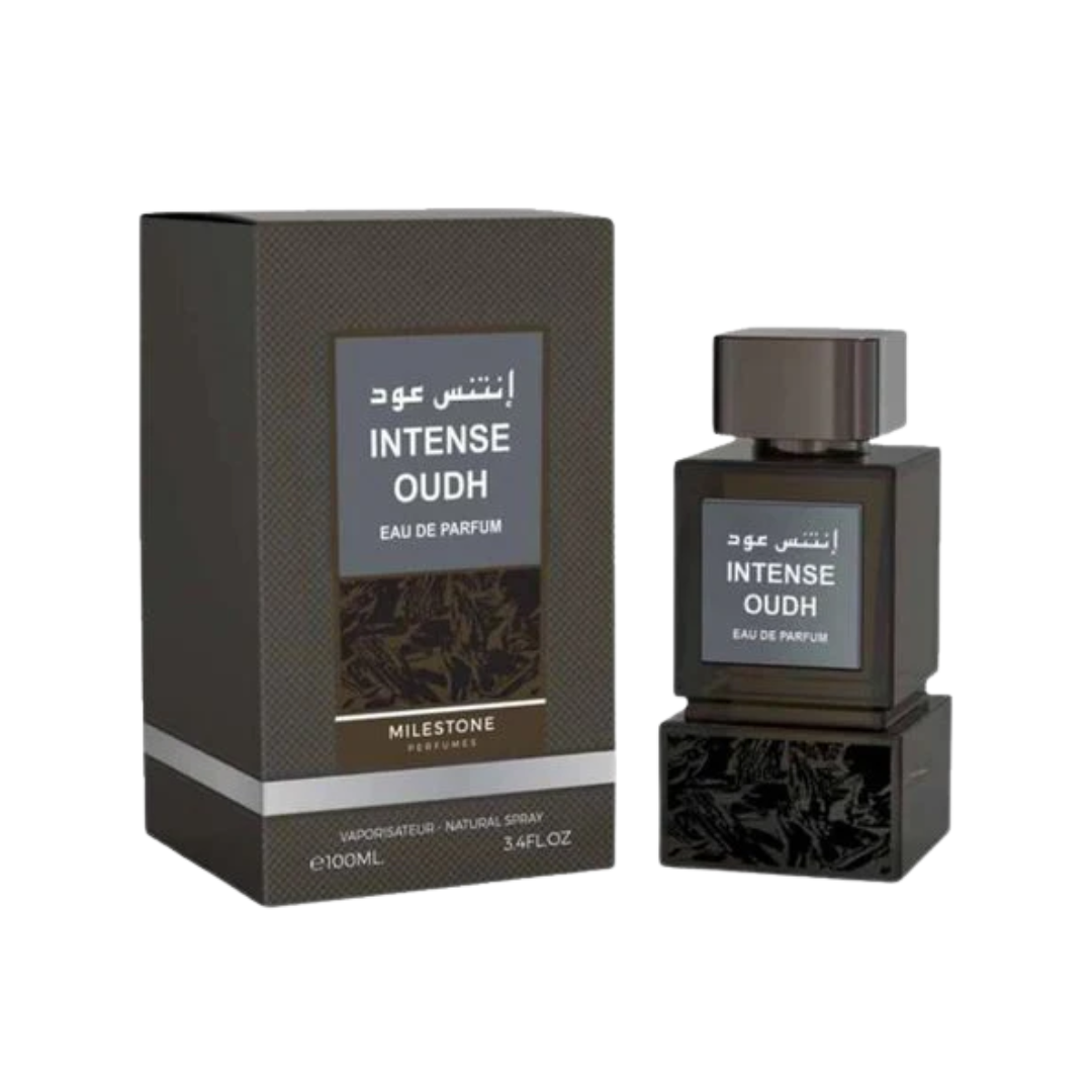 Milestone Intense Oudh 100ml Eau de Parfum unisex fragrance featuring a sleek dark bottle with a square base and silver accents, displayed alongside its matching dark box.