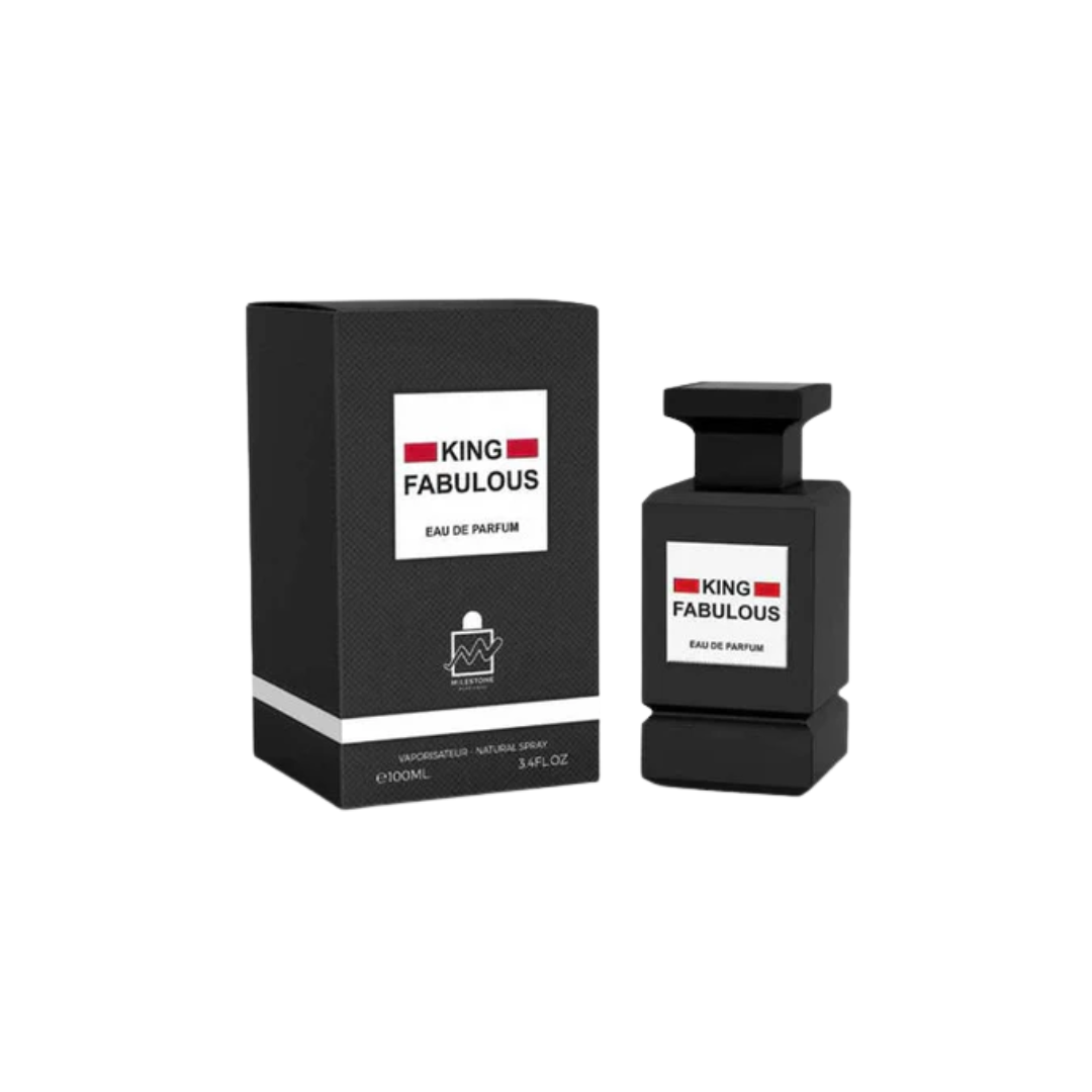 Milestone King Fabulous 100ml Eau de Parfum unisex fragrance featuring a sleek black perfume bottle with a minimalist design and bold "King Fabulous" label, displayed alongside its matching black box.