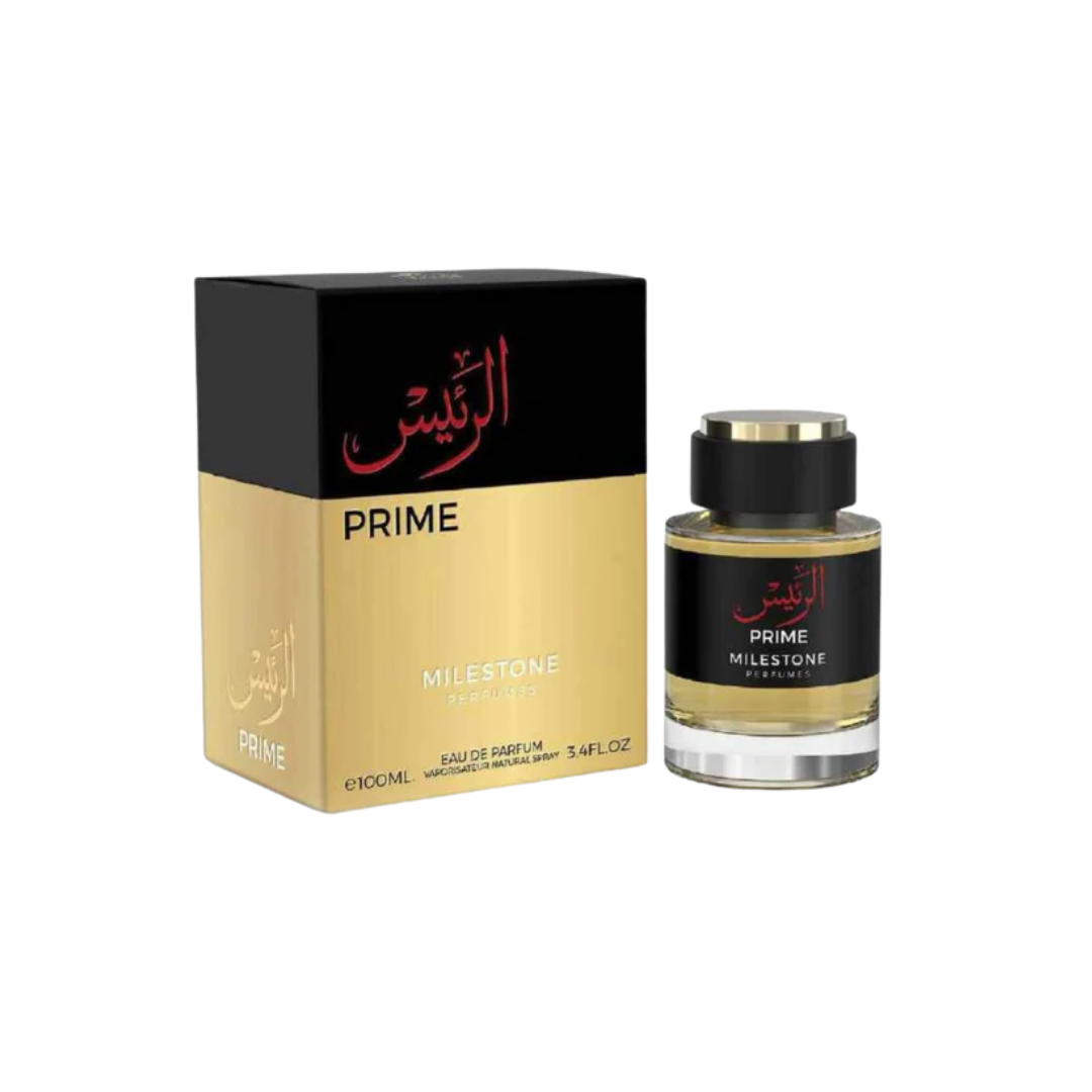 Milestone Prime 100ml bottle with citrus, rose, and patchouli fragrance notes