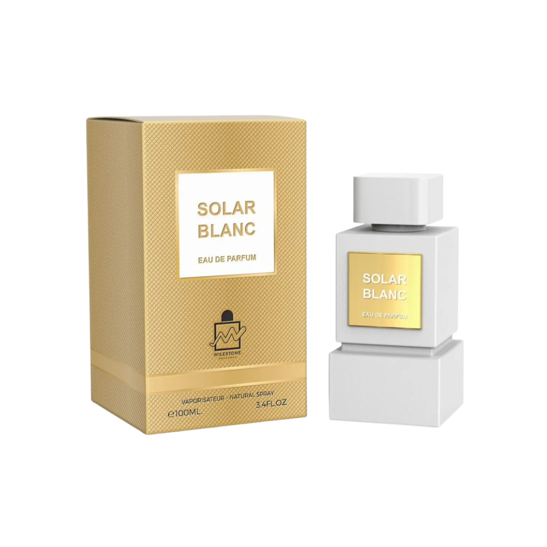 Milestone Solar Blanc 100ml bottle with pistachio, jasmine, and vanilla notes, offering a radiant, long-lasting unisex fragrance.