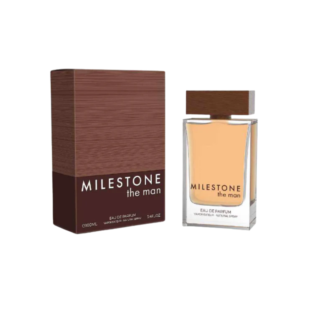 Milestone The Man 100ml bottle with grapefruit, cardamom, and tobacco notes, offering a bold and long-lasting aromatic men's fragrance.
