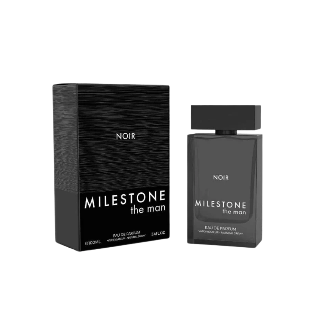 Milestone The Man Noir 100ml Eau de Parfum for Men featuring a sleek black perfume bottle with minimalist design and "Milestone The Man" label, displayed alongside its matching black box.