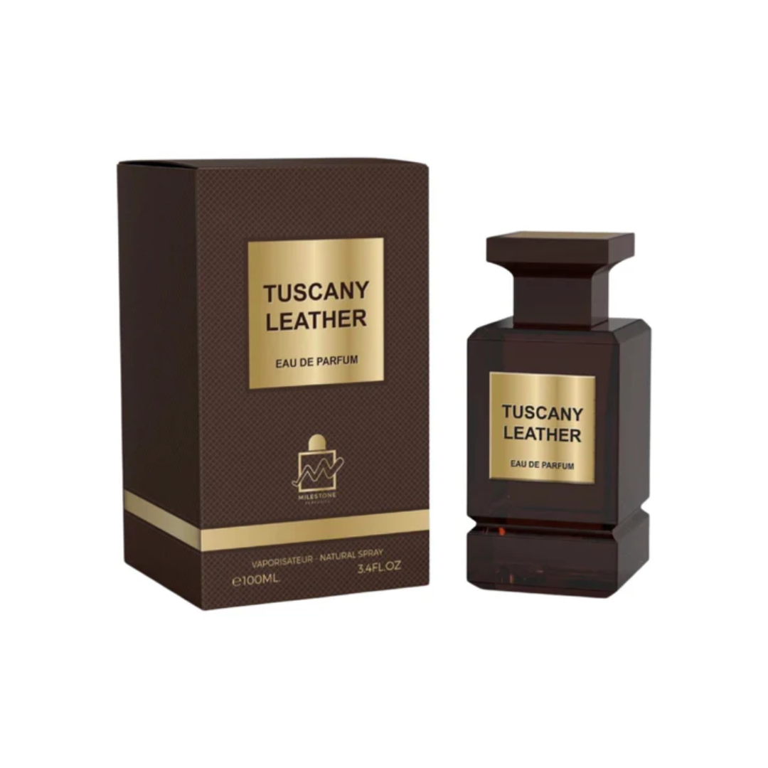 Milestone Tucsany Leather 100ml bottle with raspberry, jasmine, and leather notes, offering a bold, long-lasting unisex fragrance.
