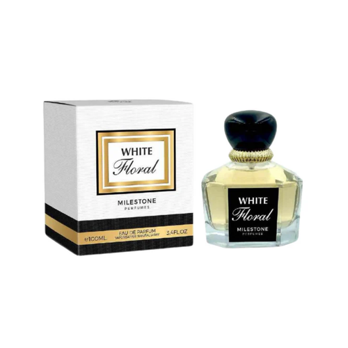 Milestone White Floral 100ml with box, showcasing an elegant bottle design for a long-lasting floral feminine fragrance.