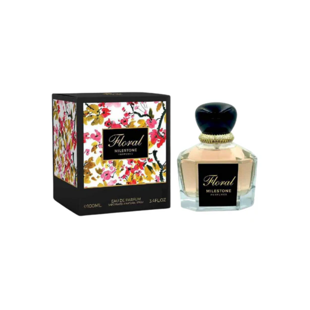 Milestone White Floral Eau de Parfum 100ml in a sleek bottle with floral-themed packaging.