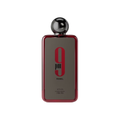 Perfume bottle with red and black design on a white background