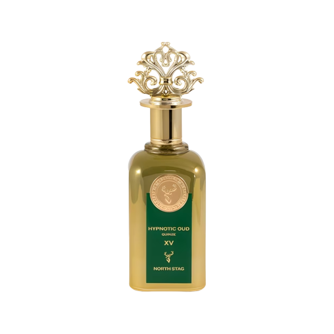 North Stag Hypnotic Oud 100ml Eau de Parfum unisex perfume bottle with gold finish and ornate decorative cap displayed against a clean background