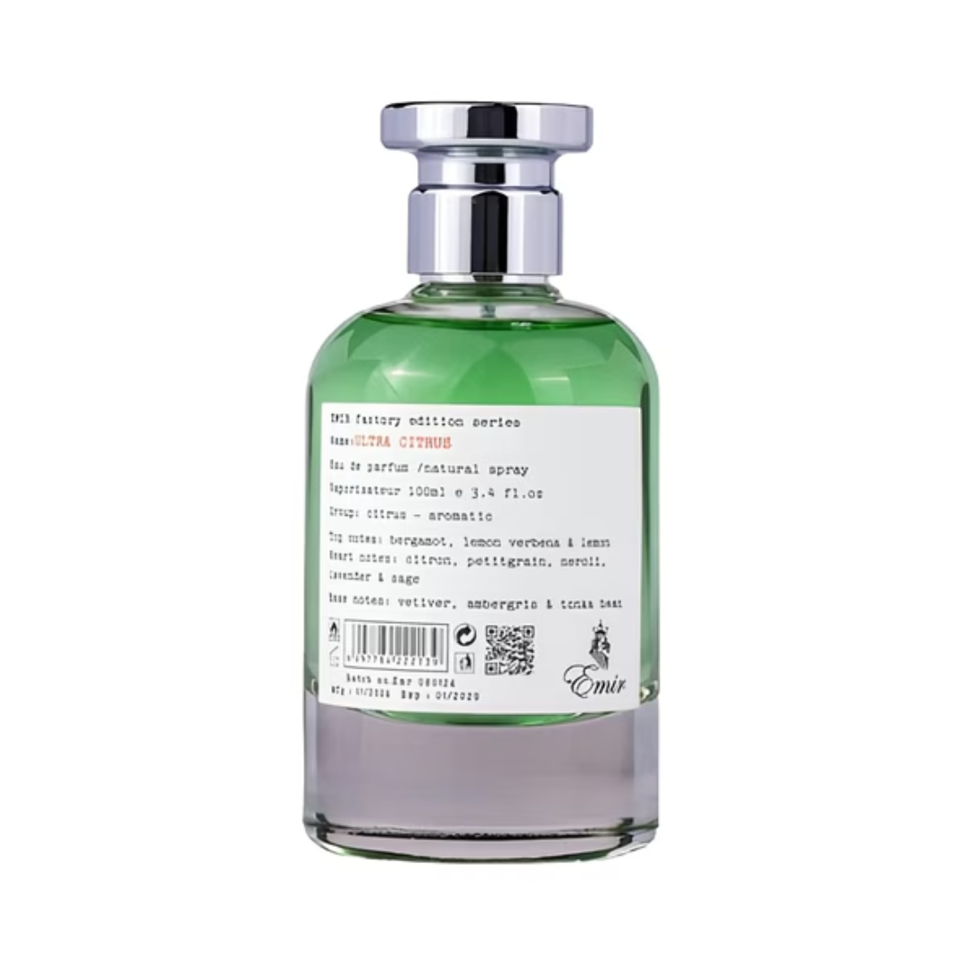 Paris Corner Emir Ultra Citrus Eau de Parfum 100ml in a sleek glass bottle with a silver cap and vibrant green liquid, featuring minimalist packaging.