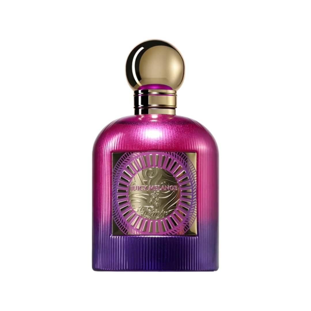 Paris Corner Juicy Melange 100ml Eau de Parfum unisex fragrance bottle with purple-pink gradient glass and round gold cap displayed on a clean background