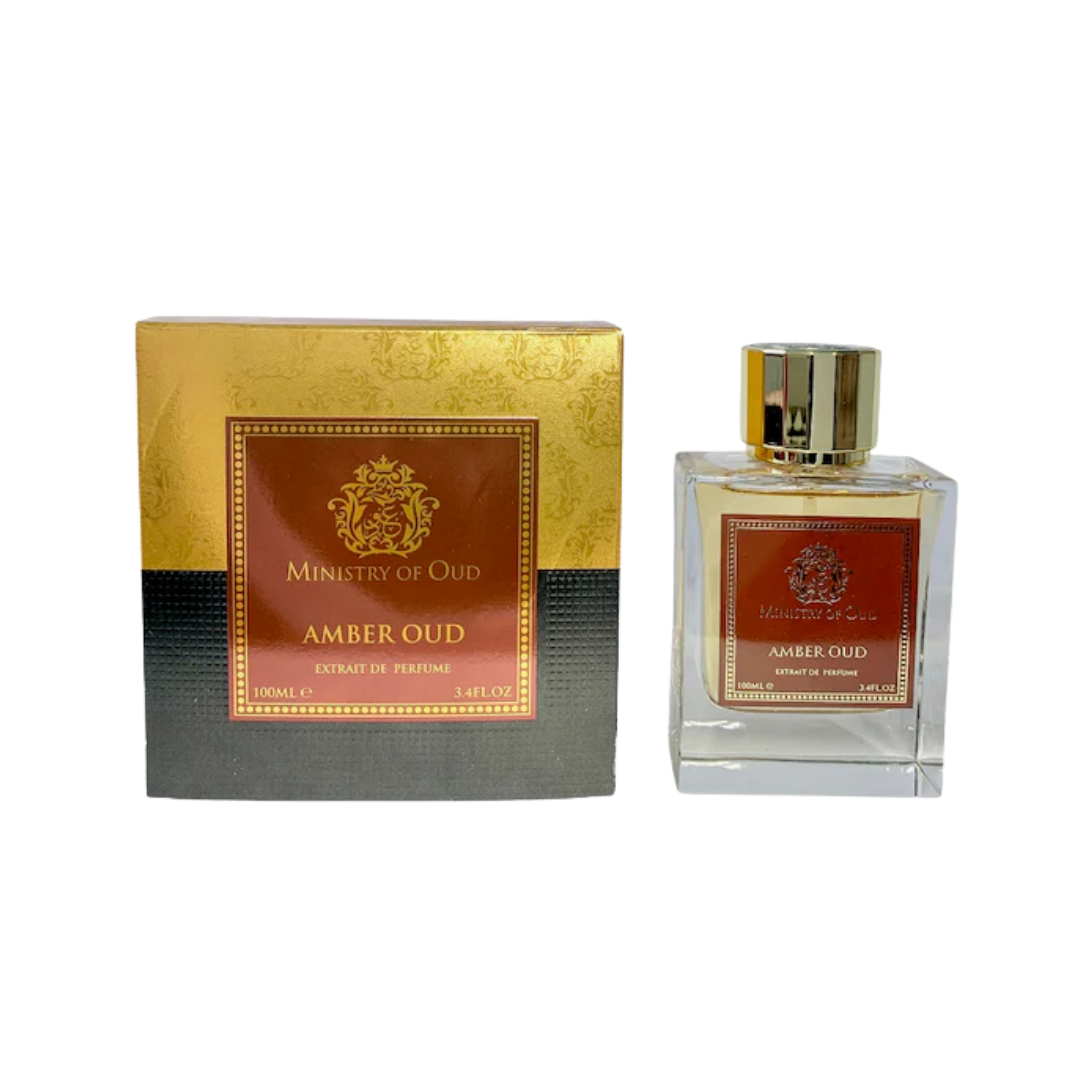Paris Corner Ministry of Oud Amber Oud 100ml bottle with rose, oud, and saffron notes, offering a spicy, long-lasting fragrance.