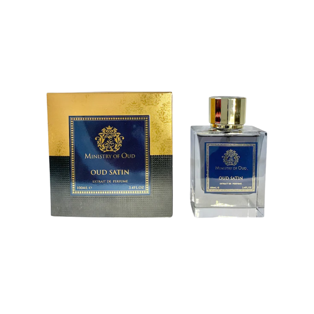 Paris Corner Ministry of Oud Oud Satin 100ml bottle with violet, rose, and oud notes, offering a luxurious, long-lasting fragrance.