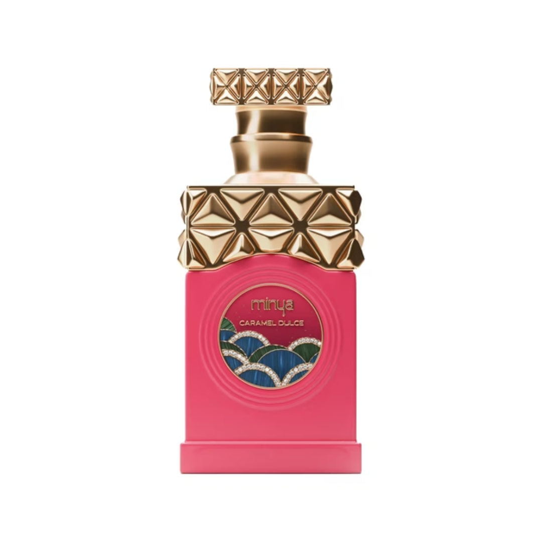 Paris Corner Minya Caramel Dulce 100ml Eau de Parfum featuring a vibrant pink bottle with a gold top and intricate design, displayed alongside the matching colorful packaging.