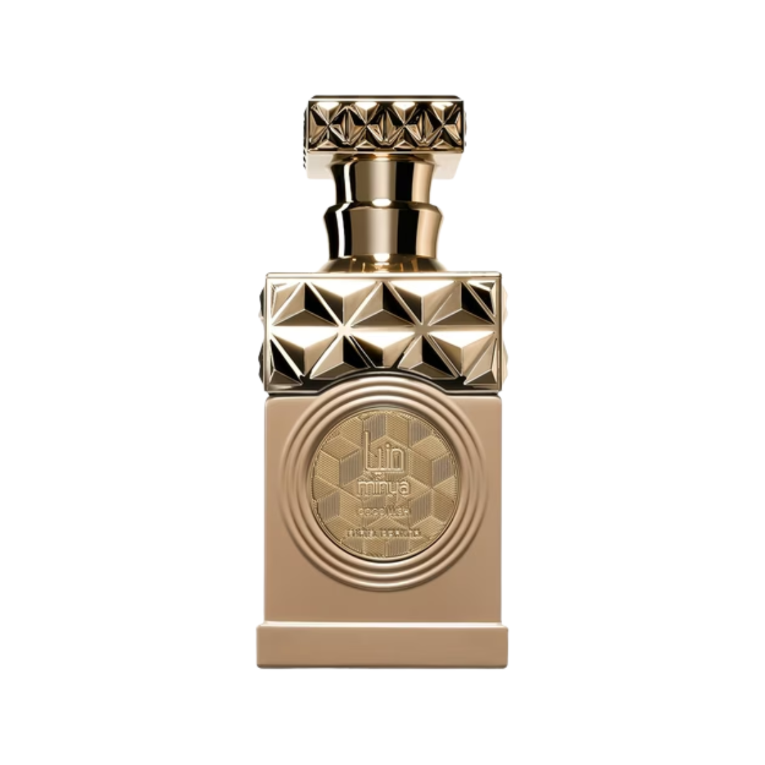 Paris Corner Minya Coco Lush 100ml Eau de Parfum featuring a luxurious beige and gold geometric bottle, reflecting the vibrant and indulgent tropical fragrance.