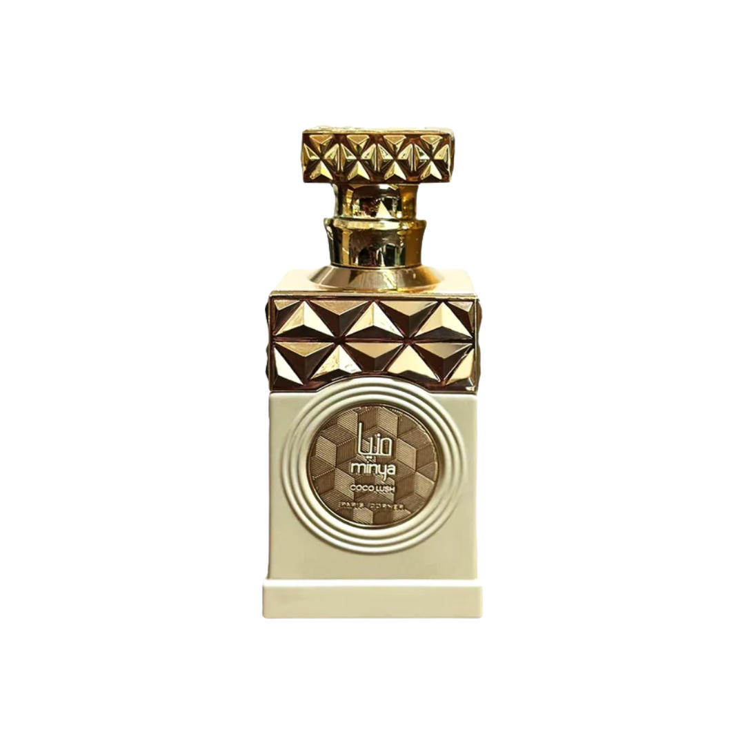 Paris Corner Minya Coco Lush 100ml Eau de Parfum featuring an elegant cream-colored bottle with a gold geometric top and intricate detailing, reflecting the luxurious gourmand fragrance.