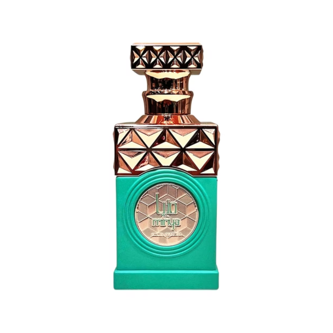 Paris Corner Minya Luxury Unisex Perfume 100ml Eau de Parfum featuring a luxurious turquoise and rose gold geometric bottle with intricate detailing, representing the opulent and sweet fragrance.